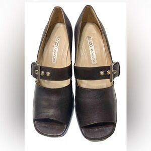 Vintage 1990’s ENZO ANGIOLINI Brown Open Toe Block High Heel Buckle Shoes Sz 9.5